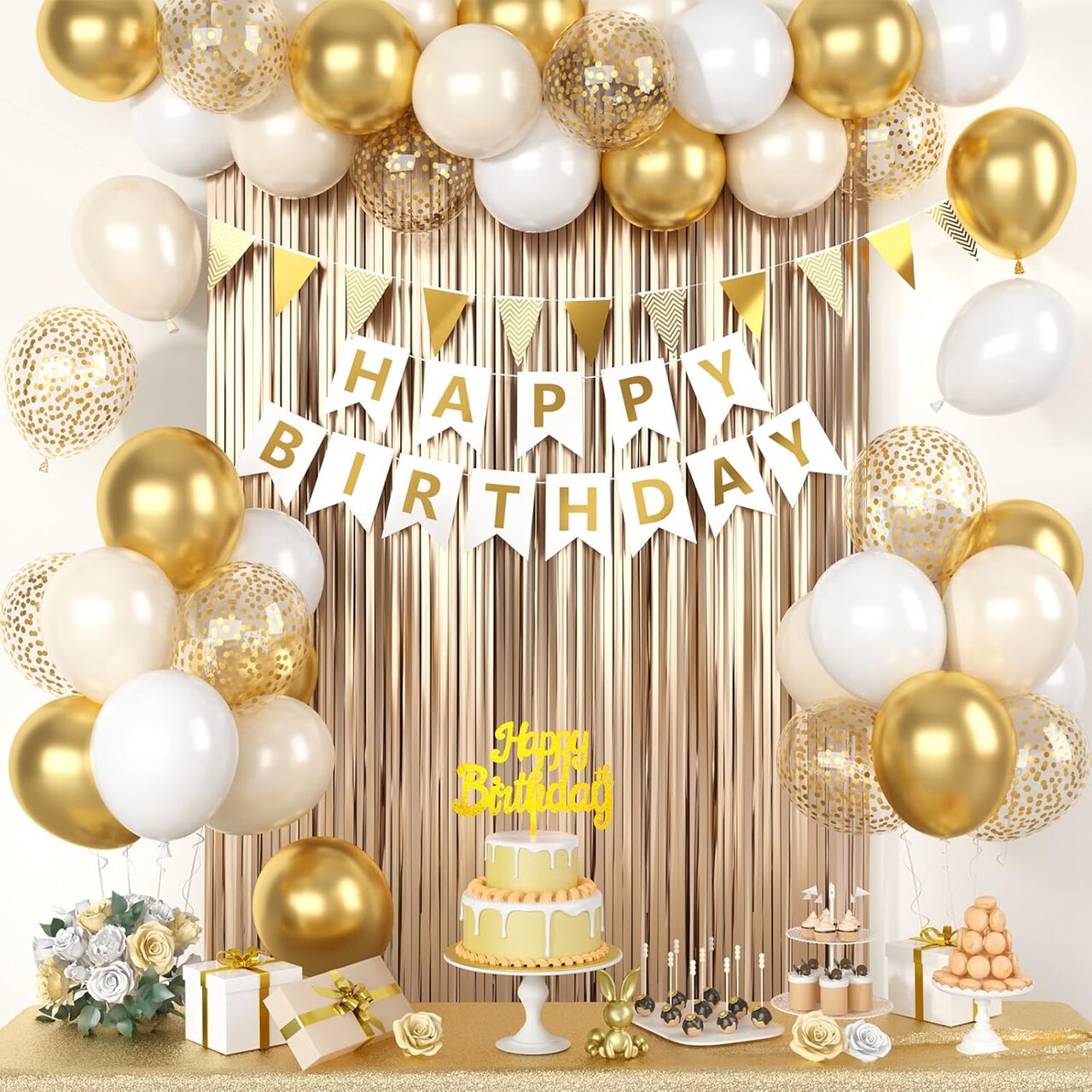 White Gold Birthday Decorations, White Cream Sand Beige Happy Birthday Decorations With Latex Helium Balloon Champagne Fringe Curtain Cake Topper Triangle Flag Banner For Girl Woman Party Supplies
